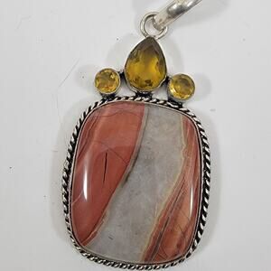 Handmade Sterling Silver Pendant Red Jasper and Faceted Citrine Gemstone Trio